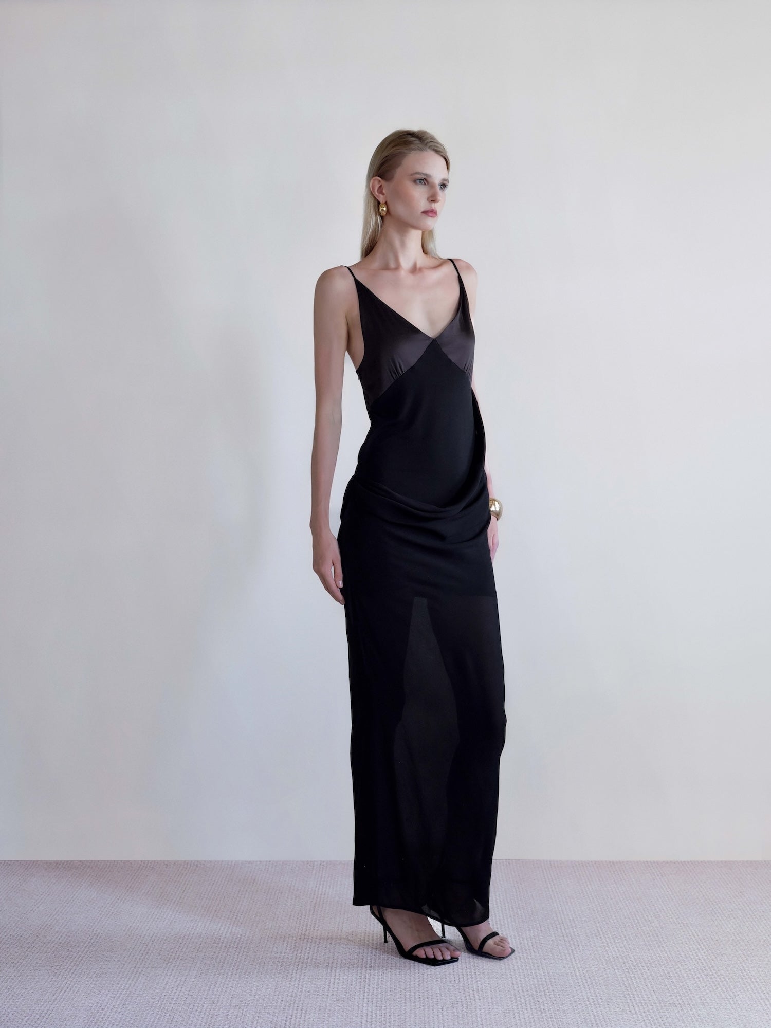 Vme Cascade Drape Dress V-Neck Evening Gown with Asymmetric Drape and Sheer Lower Skirt Vme Vme Cascade Drape Dress V-Neck Evening Gown with Asymmetric Drape and Sheer Lower Skirt Vme