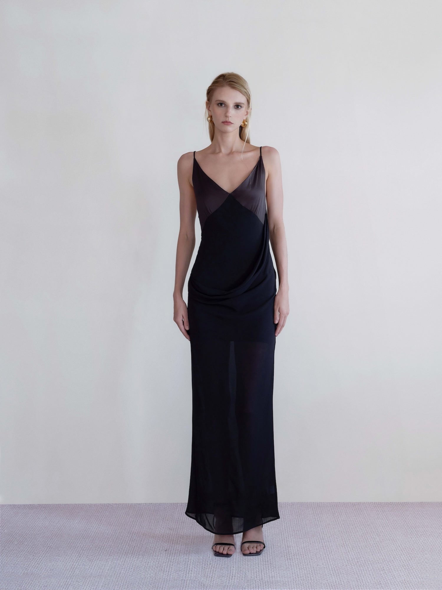 Väme Cascade Drape Dress — V-Neck Evening Gown with Asymmetric