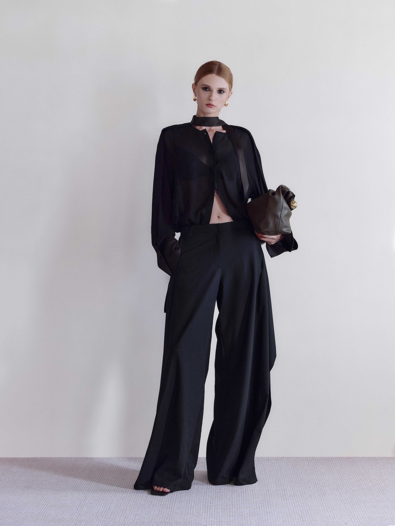 Väme Drift Flap Pant — Black Wide-Leg Wool Blend Trouser with
