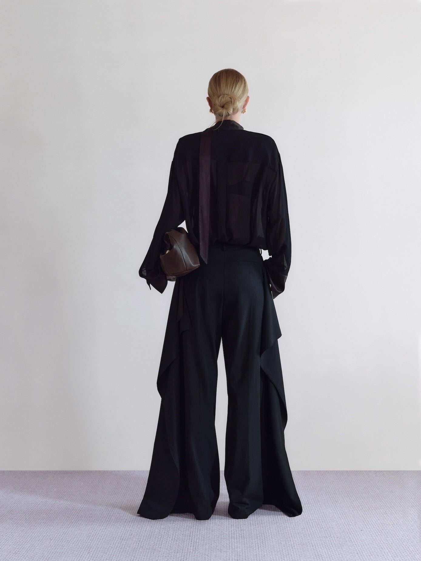 Väme Drift Flap Pant — Black Wide-Leg Wool Blend Trouser with