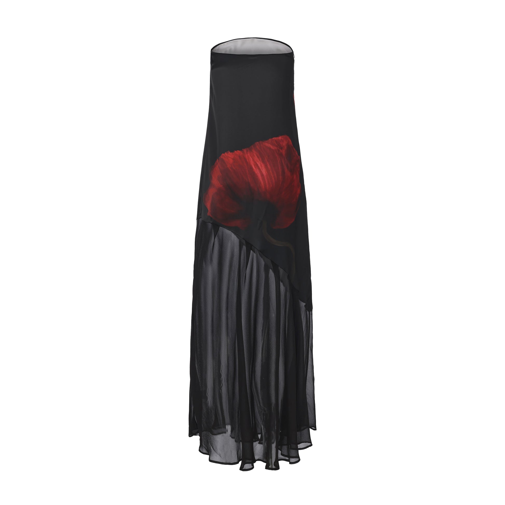 Vme Strapless Oceana Maxi Print Dress Black Bias-Cut Gown with Red Floral Print and Sheer Lower Skirt Vme Vme Strapless Oceana Maxi Print Dress Black Bias-Cut Gown with Red Floral Print and Sheer Lower Skirt Vme