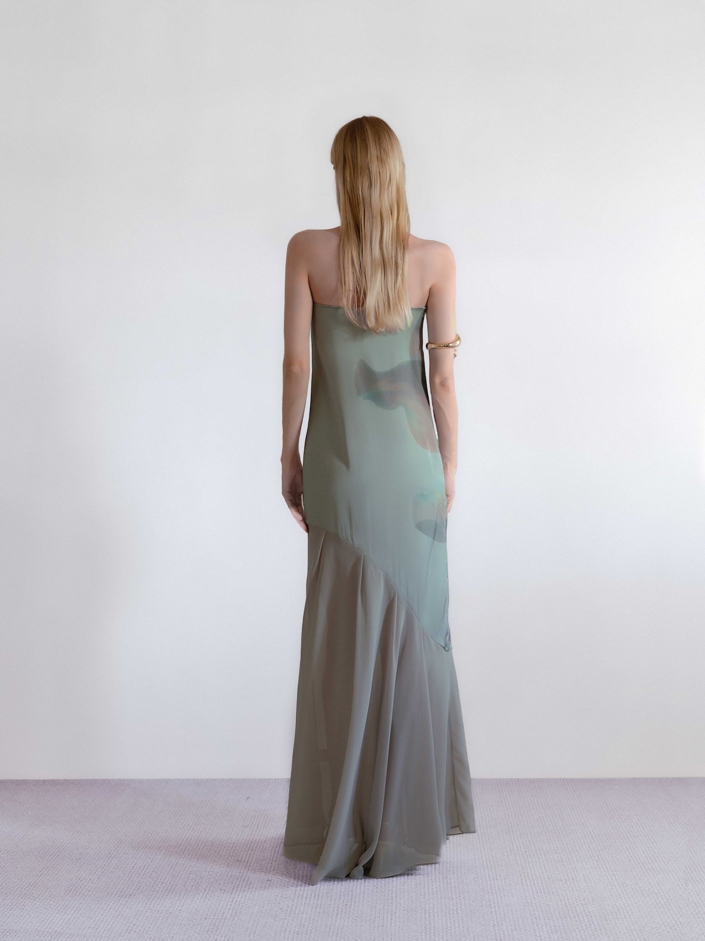 Vme Strapless Oceana Maxi Print Dress Champagne Green Bias-Cut Gown with Floral Print and Sheer Lower Skirt Vme Vme Strapless Oceana Maxi Print Dress Champagne Green Bias-Cut Gown with Floral Print and Sheer Lower Skirt Vme