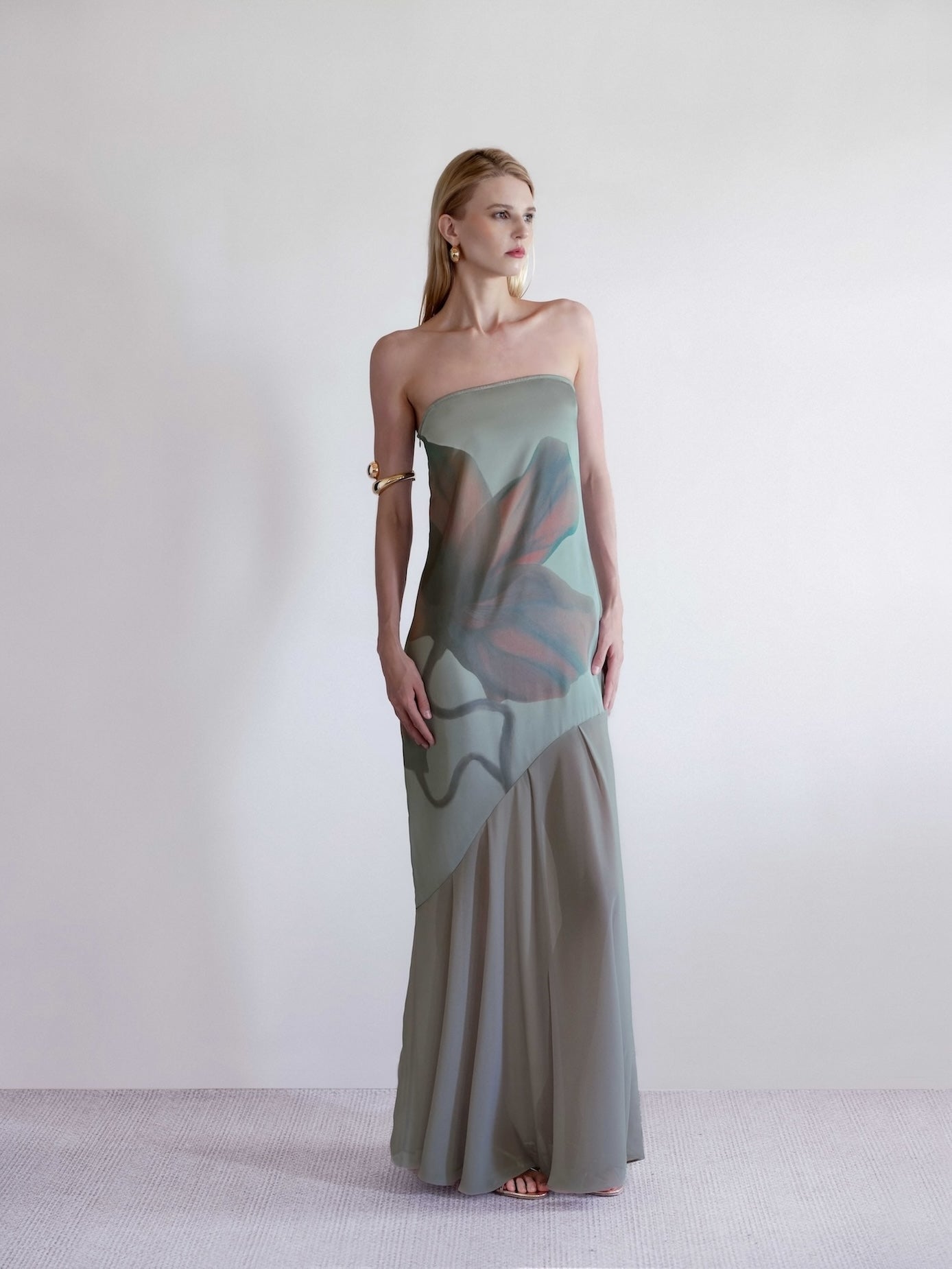 Vme Strapless Oceana Maxi Print Dress Champagne Green Bias-Cut Gown with Floral Print and Sheer Lower Skirt Vme Vme Strapless Oceana Maxi Print Dress Champagne Green Bias-Cut Gown with Floral Print and Sheer Lower Skirt Vme