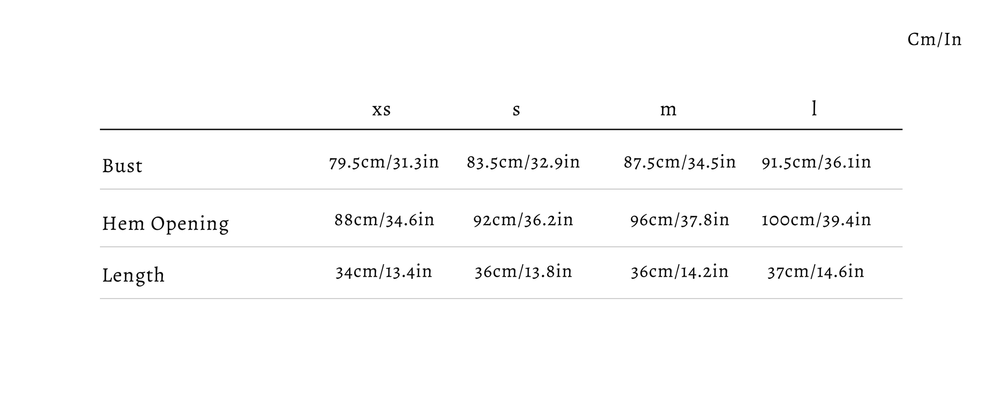 Size guide for Rita Crop Top