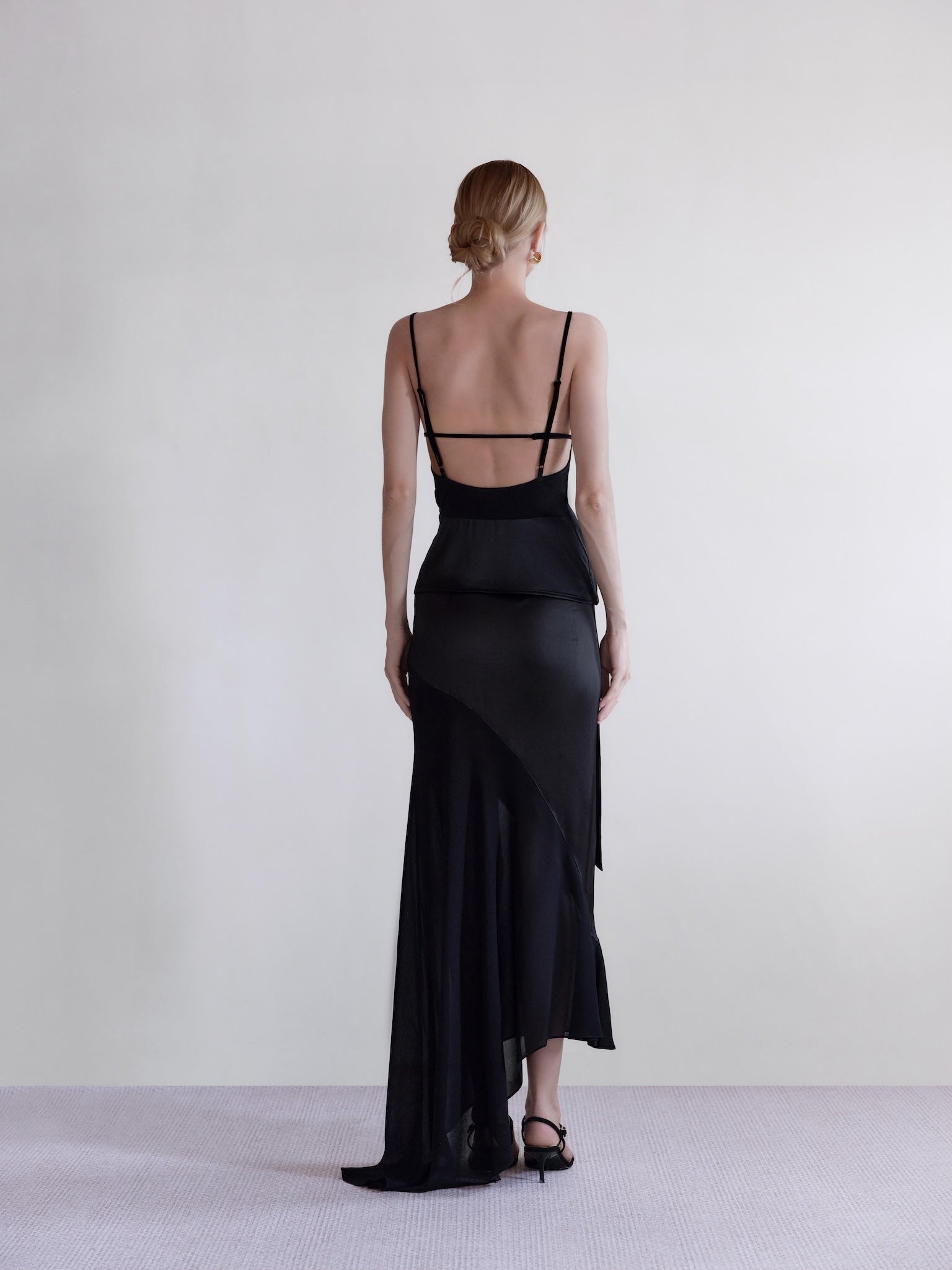 Väme Halo Satin Paneled Top back view – asymmetric satin viscose top with open back.